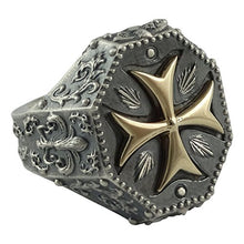 Load image into Gallery viewer, Knights Templar Maltese Cross Mens Ring Fleur De Lis Silver 925 and 10K Gold Masonic Jewelry
