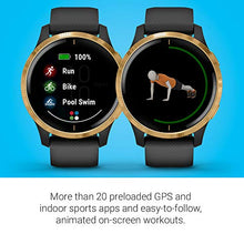 Load image into Gallery viewer, Garmin Venu, GPS Smartwatch with Bright Touchscreen Display, Features Music, Body Energy Monitoring, Animated Workouts, Pulse Ox Sensor and More, Gold with Black Band
