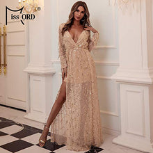 Load image into Gallery viewer, Miss ord Women Deep V Neck Long Sleeve Split Sequined Maxi Party Cocktail Dress (Medium, Gold)
