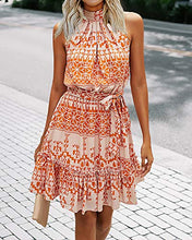 Load image into Gallery viewer, BTFBM Women Floral Dresses Casual Summer Sleeveless Halter Neck Ruffle Belt Boho Polka Dot Leopard Print Sun Short Dress (Floral Yellow, Small)
