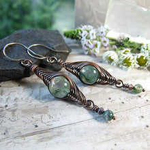 Load image into Gallery viewer, Green Moss Agate Copper Wire Wrapped Boho Dangle Earrings with Sterling Earwires - Unique Handmade Jewelry for Women
