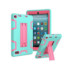 Load image into Gallery viewer, SMYTShop For Amazon Kindle Fire 7 Inch,SMYTShop Dual Layer Hybrid Armor Stand Case Protective Cover for Amazon Kindle Fire 7 Inch (2017) Tablet (Mint Green+Hot Pink)
