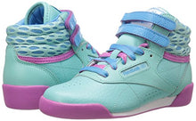 Load image into Gallery viewer, Reebok Freestyle High Classic Shoe (Little Kid/Big Kid), Crystal Blue/Blue Beam/Ultra Berry/White, 1 M US Little Kid
