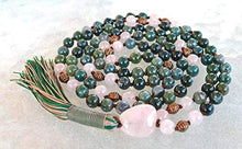 Load image into Gallery viewer, Energized Natural 108 Moss Agate Mala Beads Necklace, 8 mm Bracelet, Dark Green Moss Agate, Mala Bead, Stretch Bracelet, Heart Chakra, Hand Knotted Wrap Mala (Knotted Moss Agate &amp; Rose Quartz Mala)
