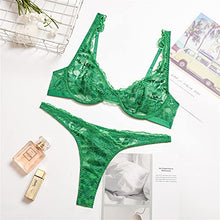 Load image into Gallery viewer, Lilosy Sexy Underwire Push Up Scallop Lace Sheer Lingerie Set for Women See Through Bra and Panty 2 Piece Floral Mesh Green Medium
