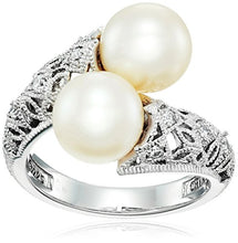 Load image into Gallery viewer, J'ADMIRE Platinum Plated Sterling Silver Made with Swarovski Zirconia Antique Bypass and Freshwater Cultured Pearl Ring, Size 7
