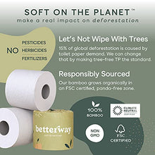 Load image into Gallery viewer, Betterway Bamboo Toilet Paper 3 PLY - Eco Friendly, Sustainable Toilet Tissue - 12 Double Rolls &amp; 360 Sheets Per Roll - Septic Safe - Organic, Plastic Free, Compostable &amp; Biodegradable - FSC Certified
