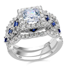 Load image into Gallery viewer, Newshe Size 7 Blue Engagement Wedding Ring Set 3pcs 2.5ct Princess White Cz and 1 Stackable Eternity Ring
