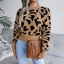 Load image into Gallery viewer, Women's Jumper Sweater Long Sleeve Knitwear Fashionable Leopard Print Casual Knit Slim Fit Hem Women Knitted Tops(L-Khaki)
