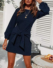 Load image into Gallery viewer, R.Vivimos Women's Autumn Winter Cotton Long Sleeves Elegant Knitted Bodycon Tie Waist Sweater Pencil Dress (Large, Navy Blue)
