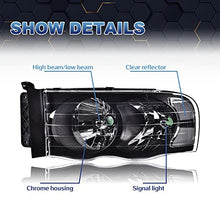 Load image into Gallery viewer, PIT66 Headlights, Compatible with 02-05 Dodge Ram 1500/03-05 Dodge Ram 2500 3500 Headlamp Assembly Accessories Left and Right Replacement Part Clear lens Black Housing Clear Reflector
