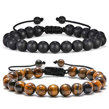 Load image into Gallery viewer, M MOOHAM Mens Bracelet Giftsfor Grandfather - 8mm Tiger Eye Black Matte Agate Mens Anxiety Bracelets, Stress Relief Yoga Beads Adjustable Bracelet Dad GITS Father's Gifts Grandpa Gifts for Men
