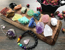 Load image into Gallery viewer, Tesh Care Chakra Therapy Starter Collection 17 pcs Healing Crystals kit, 7 Raw Chakra Stones,7 Colorful Gemstones, Amethyst,Rose Quartz Pendulum,Chakra Lava Bracelet,Dry Roses,Guide,COA,Gift Ready
