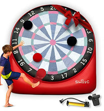 Load image into Gallery viewer, SWOOC Games - Giant Kick Darts (Over 6ft Tall) with Over 15 Games Included - Giant Inflatable Outdoor Dartboard with Soccer Balls, Air Pump &amp; Score Card - Jumbo Foot Darts Game with Big Target (Red)
