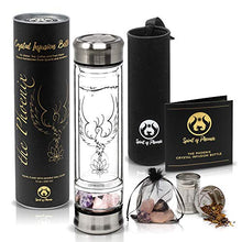 Load image into Gallery viewer, Phoenix Crystal Water bottle, a Loose Leaf Tea Infuser Bottle, double wall glass for hot and cold drinks. Natural Large Rose Quartz Crystal and Amethyst Stone. Eco-friendly &amp; relaxing gifts for women
