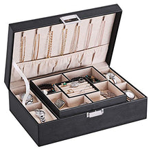 Load image into Gallery viewer, BEWISHOME Jewelry Box Organizer with 4 Watch Case Removable Tray Jewelry Display Storage Case - 7 Necklace Hook - Velvet Lining - Earring Ring Bracelet Case for Women Girls - Black PU Leather SSH07B

