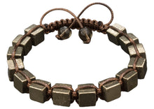 Load image into Gallery viewer, Fools Gold, Iron Pyrite Cube Shaped Beaded Men's Bracelet Gemstone Shamballa Inspired Energy Macrame Wrap Bracelet Crux Crystals Gift for Him
