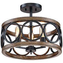 Load image into Gallery viewer, Salima Rustic Farmhouse Ceiling Light Semi Flush Mount Fixture LED Black Circle Wood Grain 16" Wide 3-Light Open Drum for Bedroom Kitchen Living Room Hallway Bathroom - Franklin Iron Works
