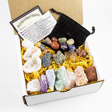 Load image into Gallery viewer, Beverly Oaks Premium Healing Crystals 21 Piece Kit - 7 Tumbled Chakra Stones, 7 Raw Crystals, Peacock Ore, Crystal Geode, Pyrite, Honey Calcite, Aragonite, Selenite Stone + Bonus Chakra Tower
