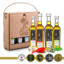 Load image into Gallery viewer, Pellas Nature, Organic Herbs Infused Greek Extra Virgin Olive Oil Set, Finishing Oil Flavors Basil Garlic, Red Pepper, Rosemary, Wooden Combo Set, All-Natural, No-Additives, 4 X 50 ml (1.7 oz.) Bottles

