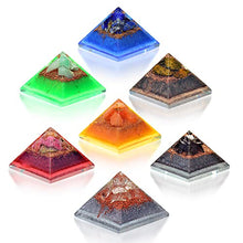 Load image into Gallery viewer, 7 mini pyramids for self-care, harmony, meditation, yoga, spirituality, crystal decor, balance workspace made of Orange calcite, Shungite, Lapis, Quartz Crystal, Chrysoprase, Bronzite, Rhodonite
