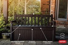 Load image into Gallery viewer, Keter Solana 70 Gallon Storage Bench Deck Box for Patio Furniture, Front Porch Decor and Outdoor Seating – Perfect to Store Garden Tools and Pool Toys, Brown
