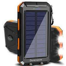 Load image into Gallery viewer, Solar Charger, Durecopow 20000mAh Portable Outdoor Waterproof Solar Power Bank, Camping External Backup Battery Pack Dual 5V USB Ports Output, 2 Led Light Flashlight with Compass (Orange)
