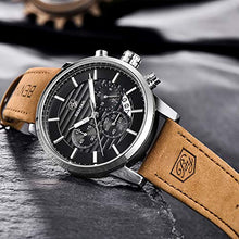 Load image into Gallery viewer, BENYAR Chronograph Waterproof Watches Business and Sport Design Black Leather Band Strap Wrist Watch for Men (Brown Silver Black B)
