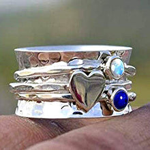 Load image into Gallery viewer, Amethyst and Moonstone Spinner Ring, 925 Sterling Silver Heart Designer Ring, Wide Band Ring, Hammered Meditation Ring (OPTIONS AVAILABLE FOR GEMSTONE &amp; HEART)
