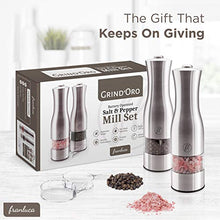 Load image into Gallery viewer, Grind'Oro Electric Salt and Pepper Grinder Set (2 Mills) Battery Operated, Stainless Steel with Light - One Touch Automatic Salt Grinder Mill Adjustable Coarseness, Franluca's Kitchen Power Shaker Set
