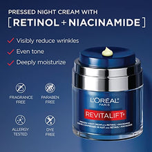 Load image into Gallery viewer, L'Oreal Paris Revitalift Pressed Night Cream with Retinol, Niacinamide, Visibly Reduce Wrinkles, Hydrate for Face, Under Eye, Neck, Chest, Dermatologist tested + Hyaluronic Acid Serum Sample

