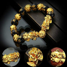 Load image into Gallery viewer, 2 Pieces Feng Shui Bracelets Mantra Amulet Bead Obsidian Bracelets with Gold Plated Pi Xiu/Pi Yao for Women Men Adjustable Elastic - Good Luck Wealt (14mm)
