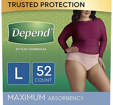 Load image into Gallery viewer, Depend FIT-FLEX Incontinence Underwear for Women, Disposable, Maximum Absorbency, Large, Blush, 52 Count (2 Packs of 26) (Packaging May Vary)
