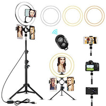Load image into Gallery viewer, 10" LED Selfie Ring Light with 2 Tripod Stand &amp; 3 Cell Phone Holder 3 Lighting Modes 10 Dimmable Brightness for Live Streaming YouTube Video Photography Makeup Circle Light for iPhone Android Camera
