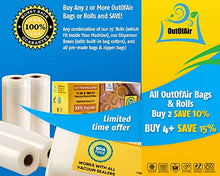Load image into Gallery viewer, 11" x 100' Mega Roll &amp; Cutter Box Vacuum Sealer Bags Roll (No More Scissors) 4 mil 100 Foot OutOfAir, 33% Thicker, BPA Free, Sous Vide, Commercial Grade, Works with FoodSaver Sealers
