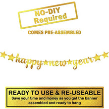 Load image into Gallery viewer, Shiny, Happy New Year Banner Gold - No DIY, 10 Feet | Foil Script New Years Eve Banner for New Years Eve Party Supplies 2023 | New Years Banner for Happy New Year Decorations 2023 | New Years Backdrop
