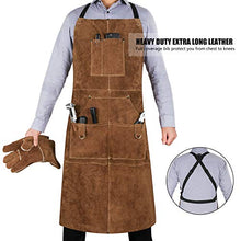 Load image into Gallery viewer, eletecpro Woodworking Apron Heavy Duty Durable - Length 42" 6 Pockets Leather Welding Apron &amp; Welding Gloves Cowhide Fire/Heat Resistant Shop Apron Men/Women(Brown)

