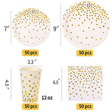 Load image into Gallery viewer, White and Gold Party Supplies 200PCS Disposable White Paper Plates 12oz Cups Napkins Dinnerware Set Golden Dot Theme Party Bridal Shower Birthday Wedding Engagement, Serves 50
