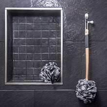 Load image into Gallery viewer, Toem Loofah Back Scrubber For Shower | Bamboo Charcoal Fiber Infused | Bath Sponge | Lufas For Men &amp; Women | Includes 1 Long Handled Shower Sponge, 1 Bath &amp; Shower Luffa Pouf &amp; 1 Hook To Hang Stuff
