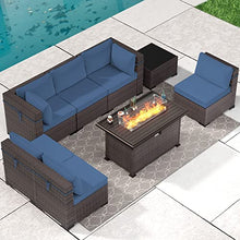 Load image into Gallery viewer, Gotland 8 Piece Outdoor Patio Furniture Set with Gas Fire Pit Table Patio Furniture Sectional Sofa w/43in Propane Fire Pit, 50,000 BTU Auto-Ignition Firepit w/Glass Wind Guard (Dark Blue)
