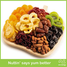 Load image into Gallery viewer, Christmas Gift Basket Holiday Mixed Dried Fruit &amp; Nuts in Reusable Wooden Apple Tray + Ribbon (9 Assortments) Gourmet Food Bouquet Arrangement Platter, Birthday Care Package, Healthy Kosher Snack Box

