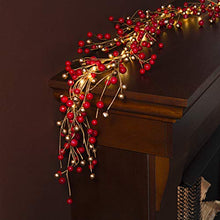 Load image into Gallery viewer, Christmas Garland with Lights - 6 Ft, Battery Operated, 100 LED Lights, Red and Gold Pip Berry Branch, Primitive/Farmhouse Style, Lighted Indoor Holiday Decor for Table or Fireplace Mantle
