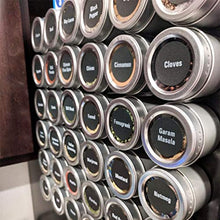 Load image into Gallery viewer, Set of 12 Magnetic Spice Tins with 12 Window-Top Sift and Pour Lids, 269 Preprinted Seasoning Label Stickers in 2 Styles for 3 oz Herb Jars
