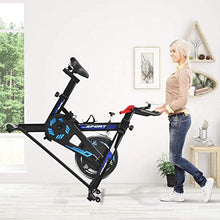 Load image into Gallery viewer, GYMAX Indoor Cycling Bike, Adjustable Exercise Bike with LCD Display, Comfortable Seat Cushion &amp; 5-Position Adjustable Saddle, Professional Exercise Bike for Home Office Gym (Black+Blue)
