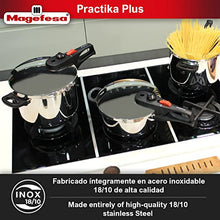Load image into Gallery viewer, Magefesa® Practika Plus Super Fast pressure cooker, 6.3 Quart, 18/10 stainless steel, suitable induction, excellent heat distribution, 5-layer encapsulated heat diffuser bottom, 5 safety systems
