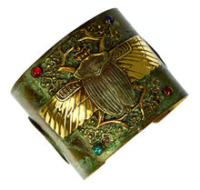 Load image into Gallery viewer, Patina Brass Egyptian Scarab Motif Wide Cuff Bracelet - Carnelian, Navy Onyx, Turquoise
