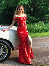 Load image into Gallery viewer, YSMei Women's Long Off The Shoulder Sequined Prom Party Dress Split Mermaid Wedding Gown Burgundy 12
