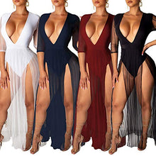 Load image into Gallery viewer, acelyn Women's Sexy Bodysuit Dress - Half Sleeve Deep V Neck Sheer Mesh High Slit Maxi Dresses Clubwear Black Medium
