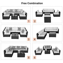 Load image into Gallery viewer, Furnimy 7 Pieces Outdoor Indoor Sectional Sofa Set Patio Furniture Set Rattan Wicker Expresso with Seat Cushions, Glass Top Coffee Table and 2 Pillows (Orange)
