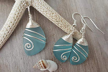 Load image into Gallery viewer, Handmade in Hawaii, Wire wrapped turquoise bay blue sea glass Necklace+Earrings Set,"December Birthstone", (Hawaii Gift Wrapped, Customizable Gift Message)
